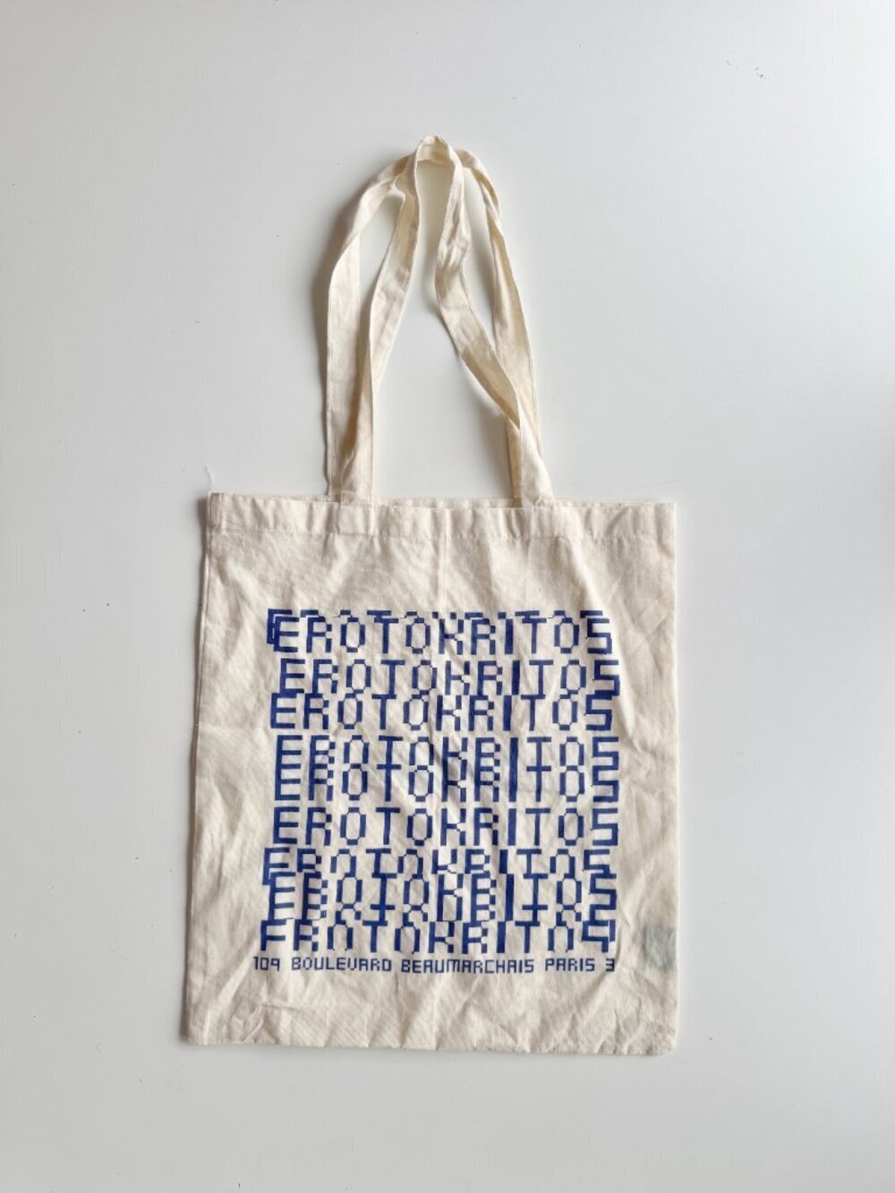 EROTOKRITOS Ivory White Blue Logo Cotton Canvas Tote Bag